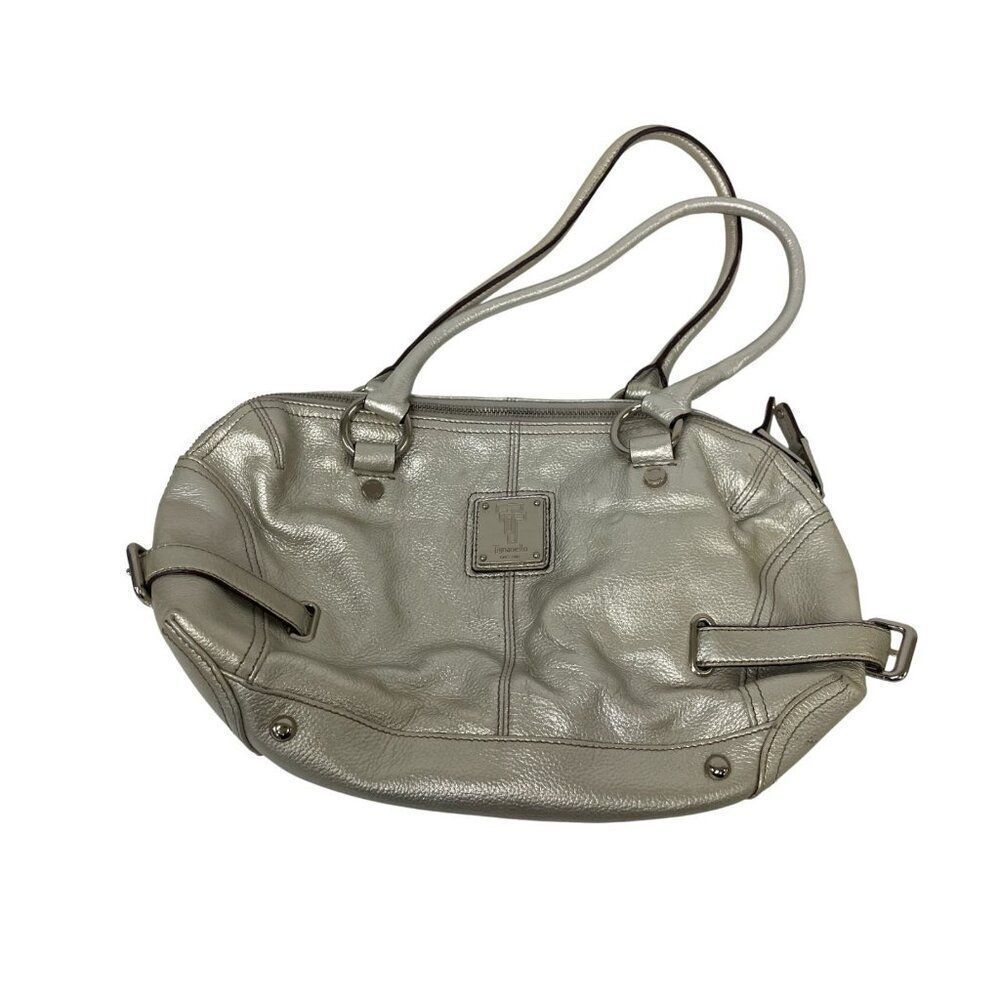 Tignanello Womens Shoulder Bag Metallic Silver Pebbled Leather Purse Satchel